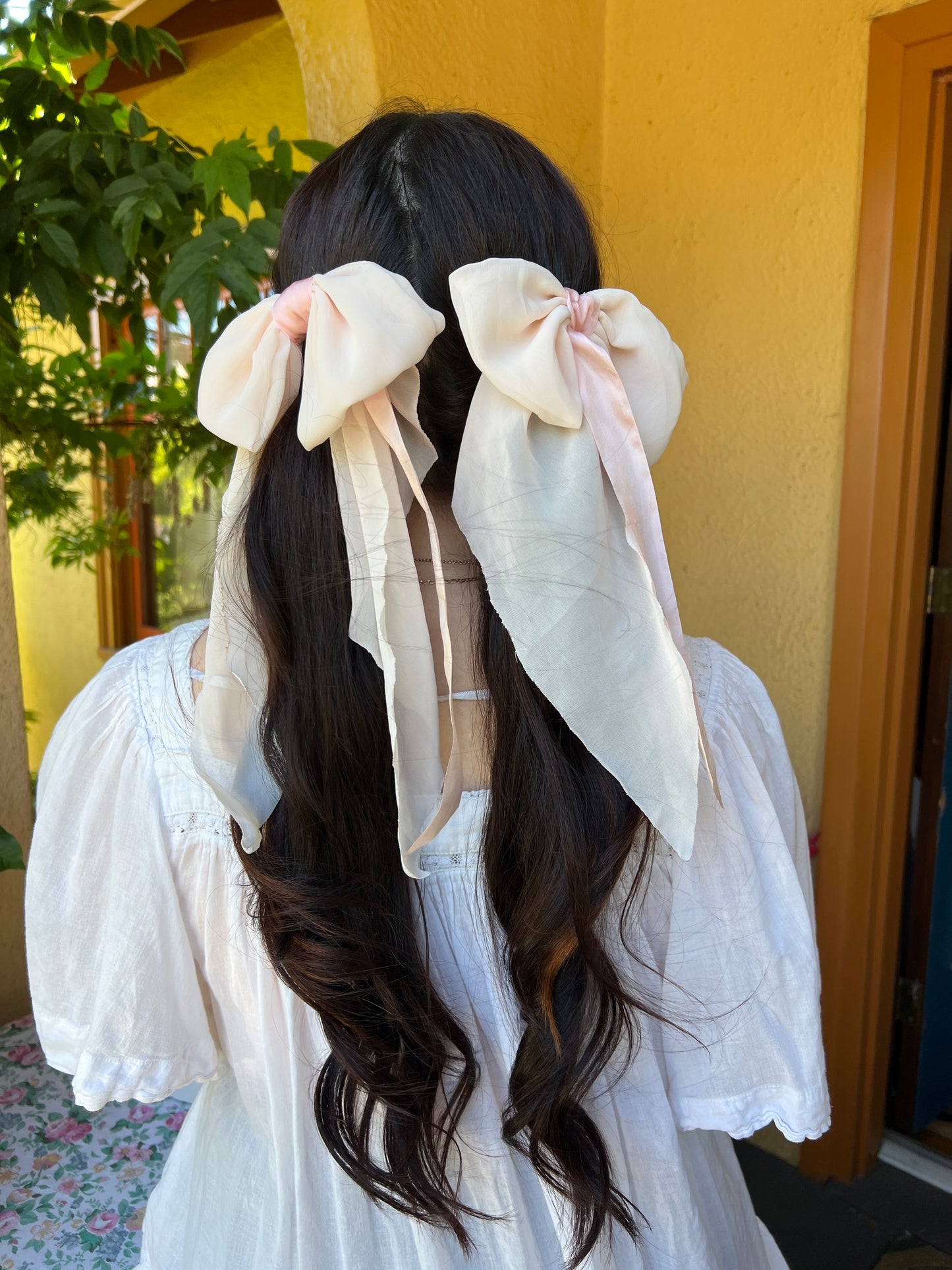 Fabric Bow Hair Clip Pink & Creme